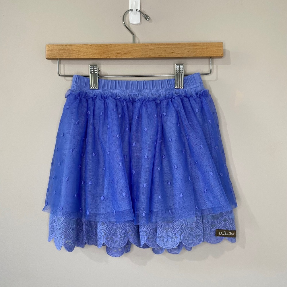 Matilda Jane Girls Blue Swiss Dot Tulle Skirt‎ Scalloped Lace Hem Size 6 Layered